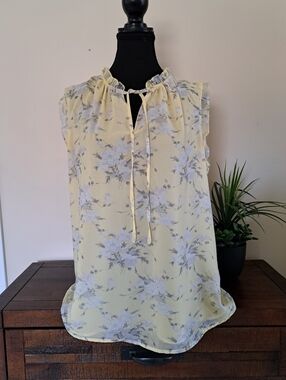Dalia Yellow Floral Sleeveless Ruffle Neck Blouse Lightweight Womens Large Flowy